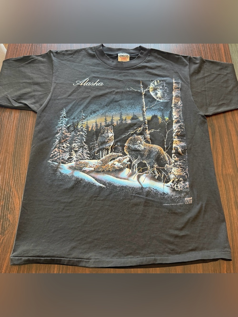 Oneita Black Vintage 90s Alaska Wolves T Shirt Power T Single Stitch 1993 Size L